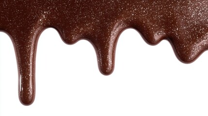 Glossy melted chocolate dripping from the top with glittery reflections. Smooth flowing brown texture on a clean white background. Sweet dessert concept macro