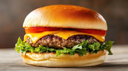 Single-layer hamburger with a juicy beef patty and a soft bun, shown in front of a neutral background. 