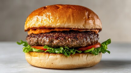 Single-layer hamburger with a juicy beef patty and a soft bun, shown in front of a neutral background. 
