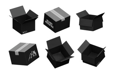 3D black matte cardboard box delivery. Parcel template with tape, open and closed packaging, premium branding. Vector set