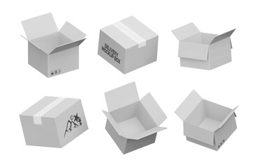 3D white cardboard box delivery. Parcel template with tape, open and closed packaging, modern branding. Vector set