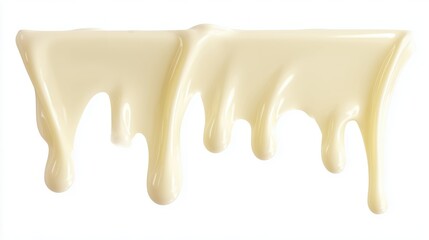 White melted chocolate dripping from top edge on white background. Smooth creamy flow with glossy texture in soft light. Sweet dessert ingredient concept