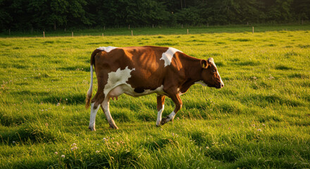 Serene cow, brown white animal, walking through sunlit green grass field. Peaceful livestock creature enjoys rural farm nature, grazing calmly in pasture