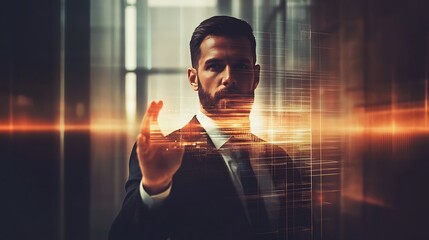 Businessman Touching Virtual Screen with Digital Lines and Future Technology