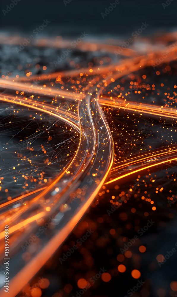 Poster abstract network connections and data flow represented by glowing lines and particles in digital spa