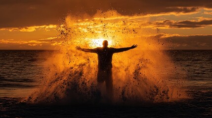 Silhouette of a person bathed in golden sunset spray