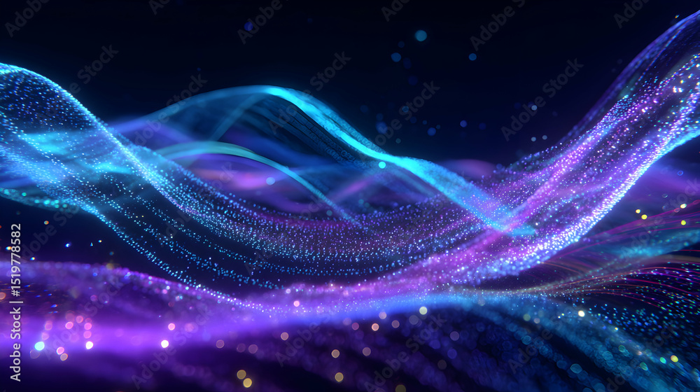 Poster flowing streams of light and particles creating an abstract visual landscape on a dark background
