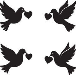 Romantic dove carrying heart in flat black silhouette vector illustration bundle set for love theme
