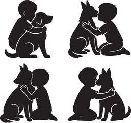 Child hugging a dog with love in flat black silhouette vector illustration bundle set for pet lovers
