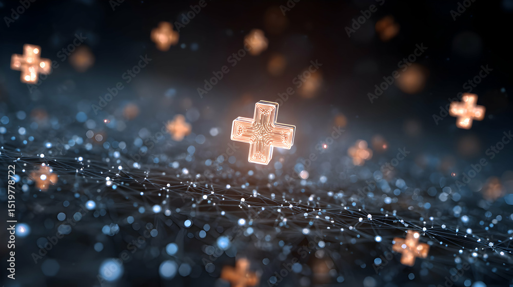 Poster floating geometric plus sign network abstract design connected dots with smooth bokeh and glowing el