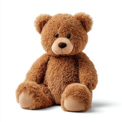 Brown teddy bear sitting upright on a white background