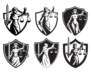 Lady Justice Shield Logos Sword and Scales Law Emblem Designs