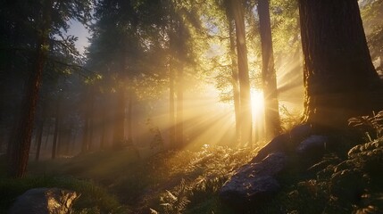 Obraz premium Radiant Morning Sunlight Filtering Through Lush Green Forest Canopy