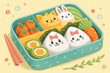 Obraz premium Engaging bento preparation for kids featuring cute character onigiri and colorful side dishes in a fun home kitchen environment