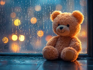 Teddy bear by window in rain