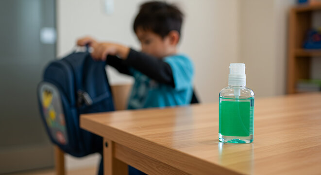 Bottle of hand sanitizer on a table with a boy preparing his backpack in the background