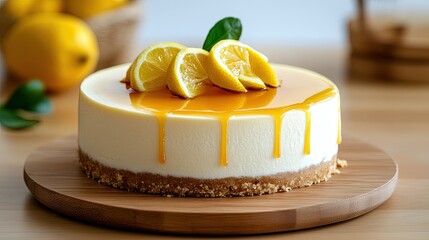 Whole lemon cheesecake with a tangy lemon syrup drizzle on top, placed on a minimalist wooden table with ample negative space. 
