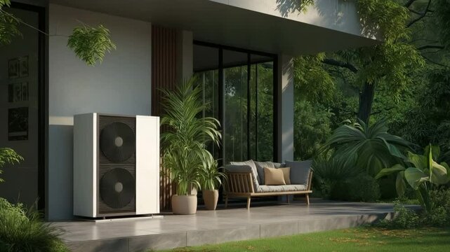 A modern heat pump is situated next to a modern house in a lush yard.