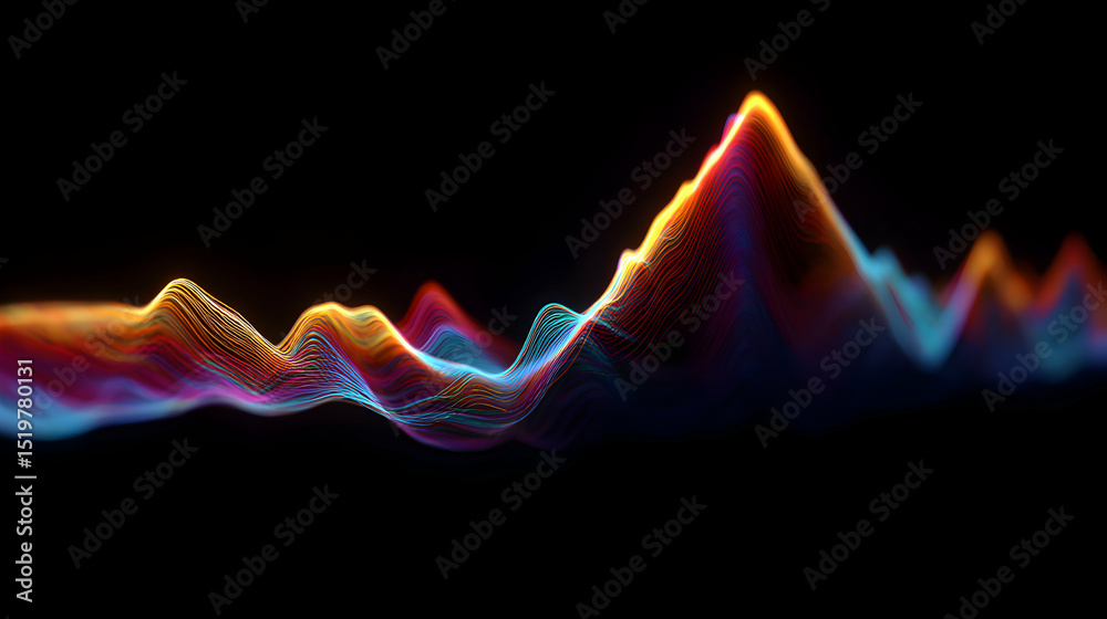 Poster dynamic abstract wave pattern of layered lines against a stark black background providing visual int