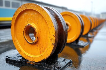 Yellow train wheels, row, wet