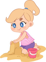 Cartoon Girl Building Sandcastle with Bucket on Summer Beach