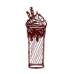 Outline vector illustration set of a chocolate beverage drink with whipped cream and cinnamon in a tall glass mug. Hand-drawn clipart in doodle style.