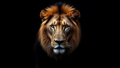 Fototapeta premium Lion Head Looking Directly at Camera on Black Background