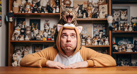 Portrait humoristique d'un homme en kigurumi de chat avec un chat bâillant et sa collection.