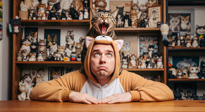 Portrait humoristique d'un homme en kigurumi de chat avec un chat b&acirc;illant et sa collection.