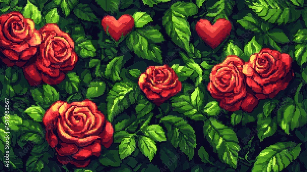Wall mural a beautiful pixelated pattern of red roses intertwined with pixelated heart shapes, charming and vib