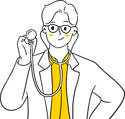 Vector illustration of a friendly doctor in a lab coat with a stethoscope. Ideal for healthcare, medical advice, check-ups, hospital, well-being, or professional care themes.