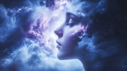 Woman Profile with Ethereal Cloudscape and Galaxy Visuals for Dreamy Imagery
