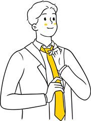 Vector illustration of a man in a suit adjusting his tie. Ideal for themes of business, professionalism, preparation, formal wear, success, or getting ready for work.