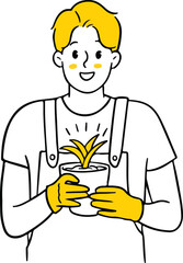 Vector illustration of a smiling man in overalls and gloves, holding a potted plant. Ideal for themes of gardening, nature, hobbies, environment, sustainable living, or plant care.