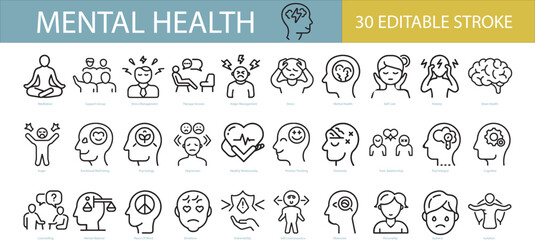 Mental health icon set. Collection of meditation, anger, anxiety, psychosis, depression and more. Vector illustration. Editable stroke.