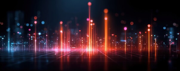 Fototapeta premium Banking Analysis Concepts. A futuristic digital landscape with glowing vertical light bars and abstract cityscape elements on a dark grid background.