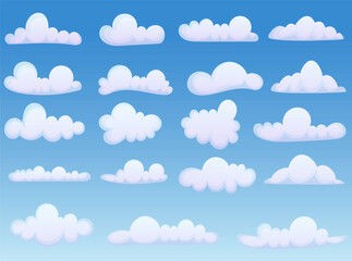 Cartoon fluffy cloud set. White clouds in a blue sky collection. 
