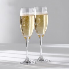 Champagne flutes filled on a white background