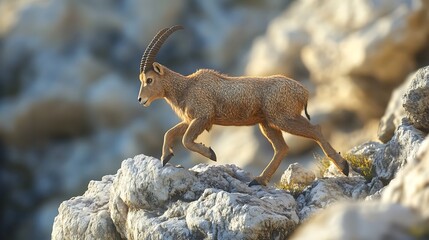 Ibex Walking on Rocky Terrain Under Sunlight with Mountain Backdrop