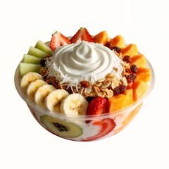 A vibrant and fresh fruit bowl filled with assorted sliced fruits including banana, papaya, strawberries, and melon, topped with a swirl of creamy yogurt, shredded coconut, granola, and raisins. 