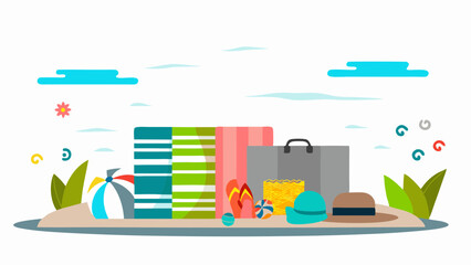 A delightful vacation scene with beach towels flip flops and a beach ball promising a relaxing getaway by the