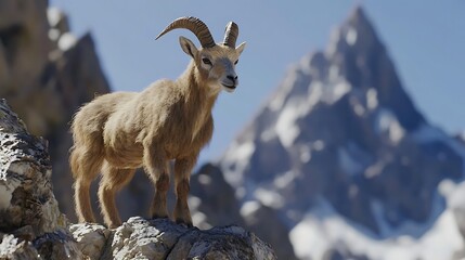 Ibex Standing Tall on Rocky Peak with Snowy Mountain Backdrop
