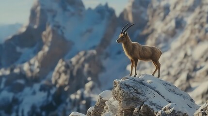 Majestic Ibex Standing Alert on Snowy Mountain Peak in Winter