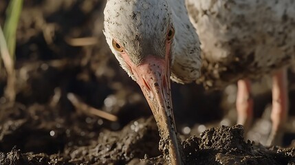 White Ibis Probing in Mud Close Up View Wildlife Photography