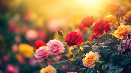 A breathtaking rose garden in full bloom, featuring vibrant red, pink, and yellow roses under golden sunlight.