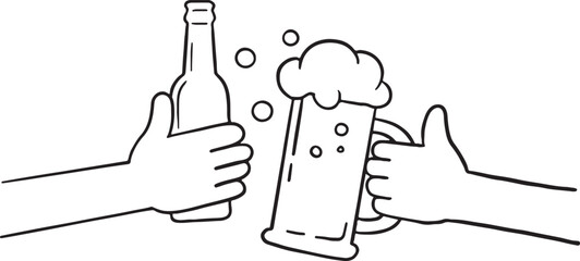 Cheers! Hand-drawn vector illustration of friends toasting with beer mugs and bottles. Perfect for celebrations, party invitations, bar menus, and festive designs.