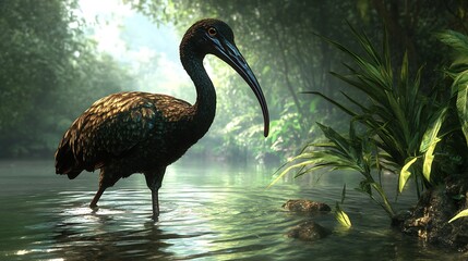 Glossy Ibis Wading in Calm Water of Jungle River Habitat