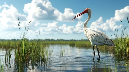 White Ibis Standing in Wetland Water with Blue Sky and Grass