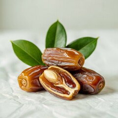  Brown Dates With green leaves, high quality image, white background