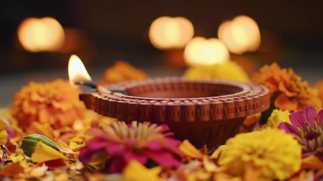 Puli Kali festivities lit diya surrounded by colorful flowers suitable for cultural event promotions, festival marketing, holiday designs, and travel blogs.